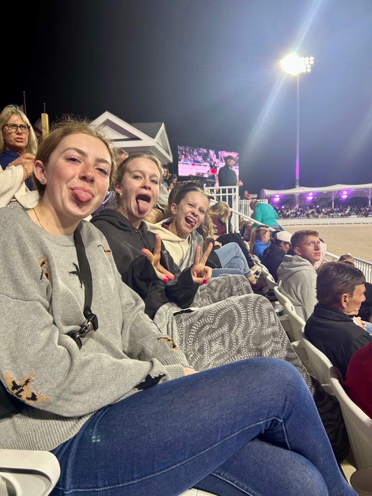 Tully and friends cheering from the stands at a show.